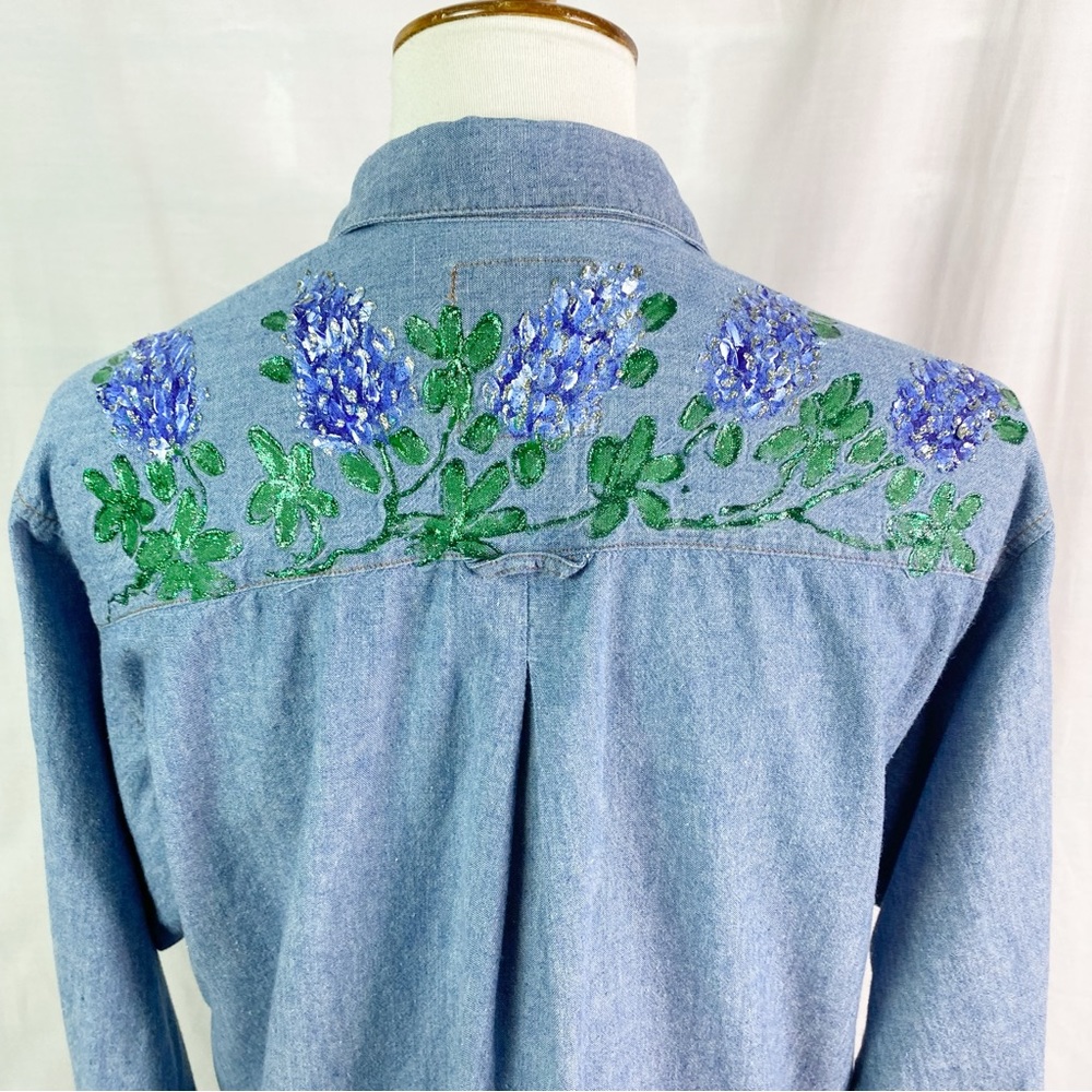 Vintage Bluebonnet Handpainted Denim Long Sleeve Button Up Shirt Med - Picture 6 of 7
